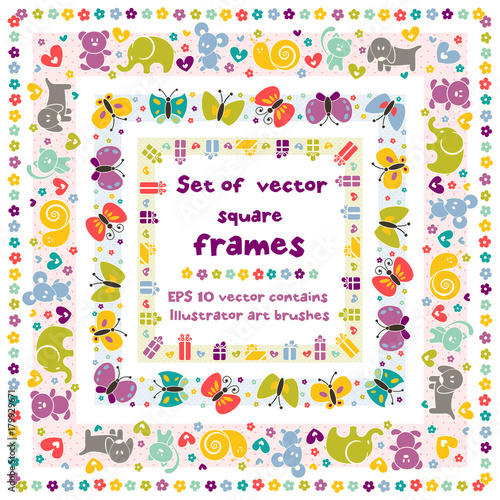 Cute square frames with baby icons for your design. EPS 8 vector contains Illustrator art brush for your design