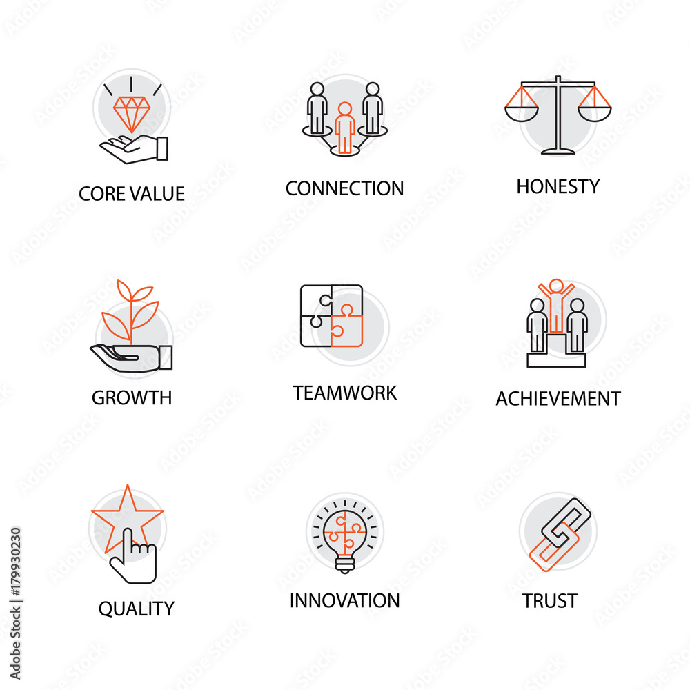 Modern Flat thin line Icon Set in Concept of Business Core Values with Word Core Value,Connection,Honesty,Growth,Teamwork,Achievement,Quality,Innovation,Trust.Editable Stroke. Modern Flat thin line Icon Set in Concept of Business Core Values with Word Core Value,Connection,Honesty,Growth,Teamwork,Achievement,Quality,Innovation,Trust.Editable Stroke.