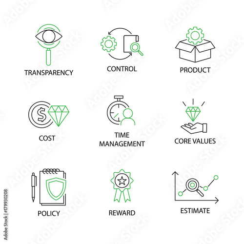 Modern Flat thin line Icon Set in Concept of Business and Management with word Transparency,Control,Product,Cost,Time Management,Core Values,Policy,Reward,Estimate.Editable Stroke.