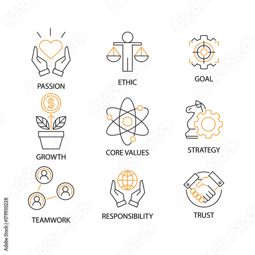 Modern Flat thin line Icon Set in Concept of Business Core Values with word Passion,Ethic,Goal,Growth,Core Value,Strategy,Teamwork,Responsibility,Trust.Editable Stroke.