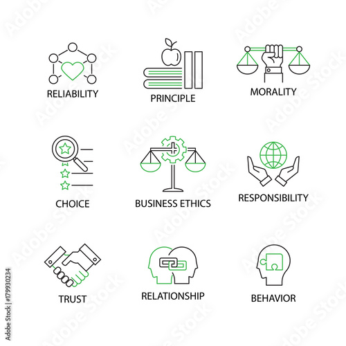Modern Flat thin line Icon Set in Concept of Business Ethics with word Reliability,Principle,Morality,Choice,Business Ethic,Responsibility,Trust,Relationship,Behavior.Editable Stroke.
