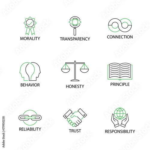 Modern Flat thin line Icon Set in Concept of Business Ethics with word Morality,Transparency,Connection,Behavior,Honesty,Principle,Reliability,Trust,Responsibility.Editable Stroke.