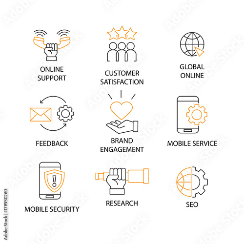 Modern Flat thin line Icon Set in Concept of Digital Marketing with word Online Support,Customer Satiscation,Global Online,Feedbak,Brand Engagement,Mobile Service,Mobile Security,Research,SEO.