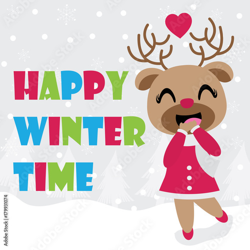 Cute reindeer girl is happy in winter time vector cartoon illustration for Christmas card design, wallpaper and greeting card 