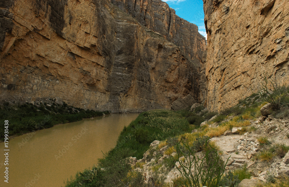 A view of the Rio Grande River and Mexico from the Saint Elena Canyon Trail, Big Bend National Park, Texas.  This trail is easily accessible and affords great views of the river .