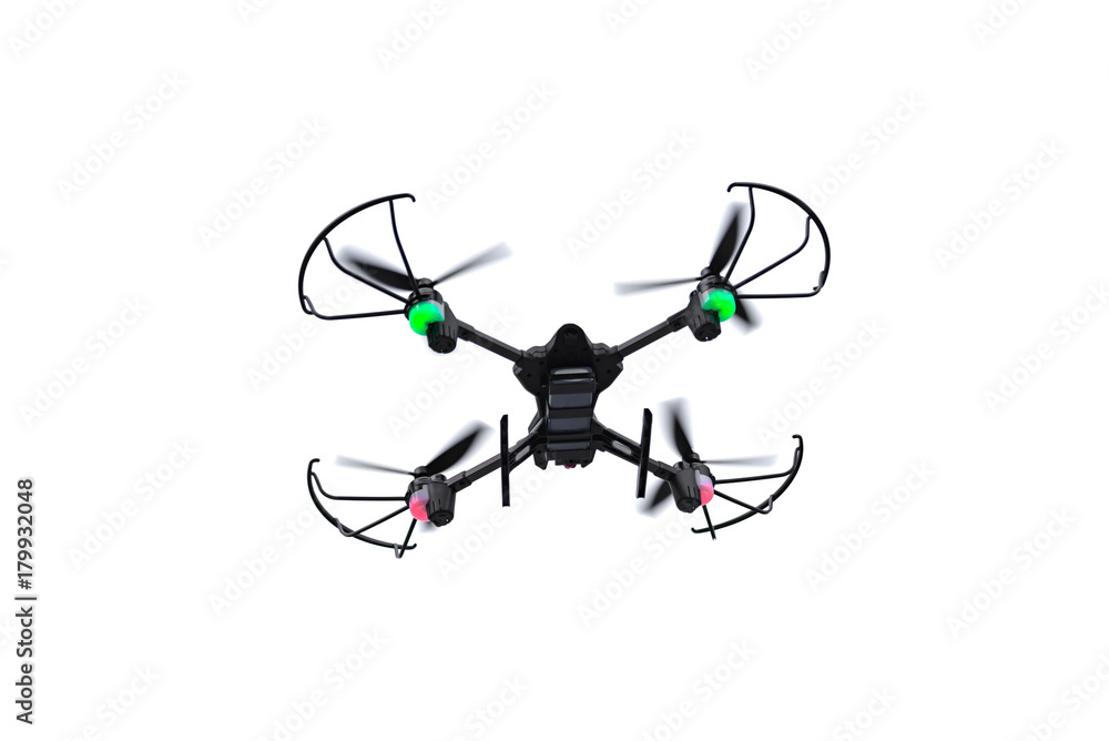 Flying drone of quadcopter isolated on white background.