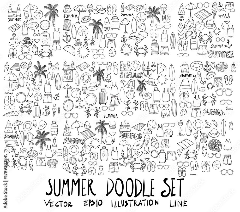 Fototapeta Set of Summer illustration Hand drawn doodle Sketch line vector eps10