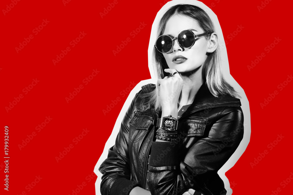 Fashion collage in magazine style of young hipster woman in sunglasses. Fashion collage in magazine style of young hipster woman in sunglasses.