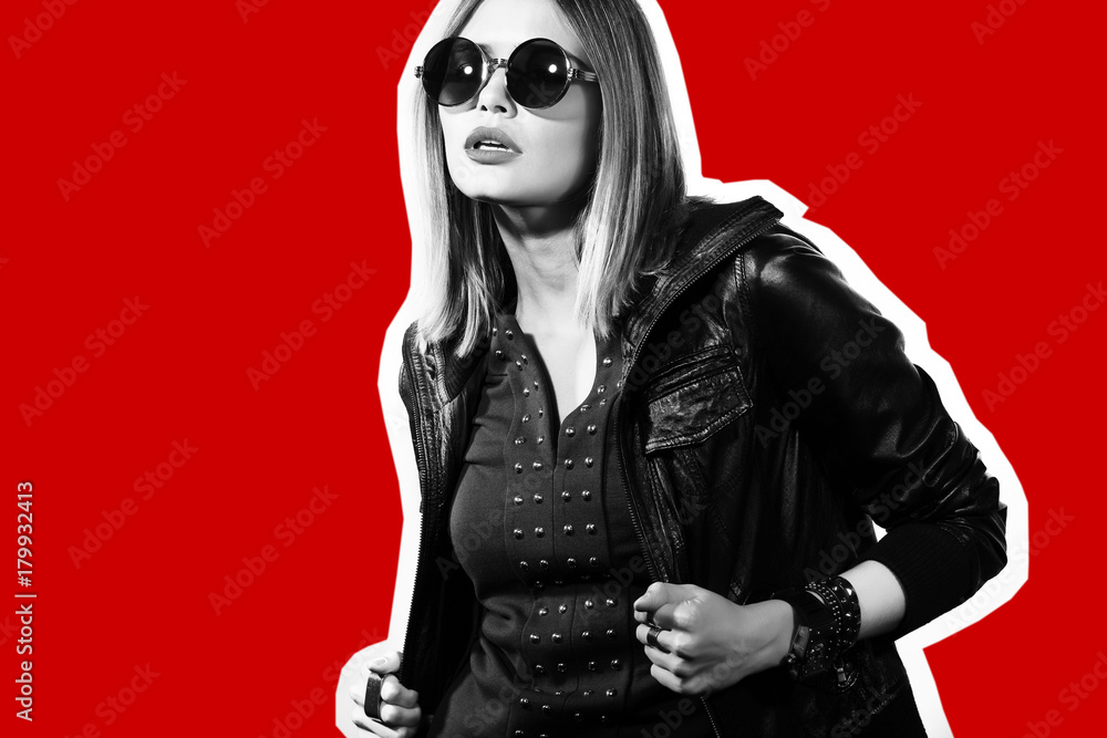 Fashion collage in magazine style of young hipster woman in sunglasses. Fashion collage in magazine style of young hipster woman in sunglasses.