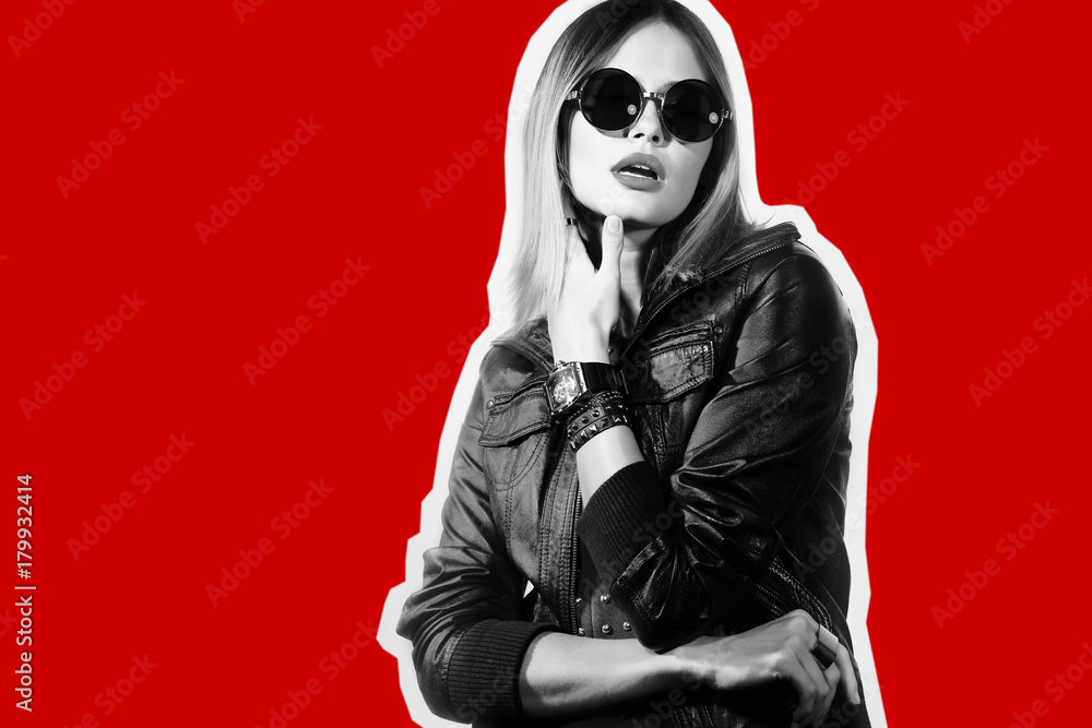 Fashion collage in magazine style of young hipster woman in sunglasses. Fashion collage in magazine style of young hipster woman in sunglasses.