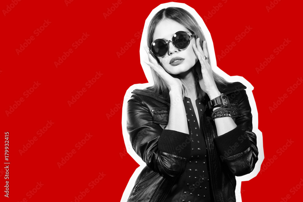 Fashion collage in magazine style of young hipster woman in sunglasses. Fashion collage in magazine style of young hipster woman in sunglasses.