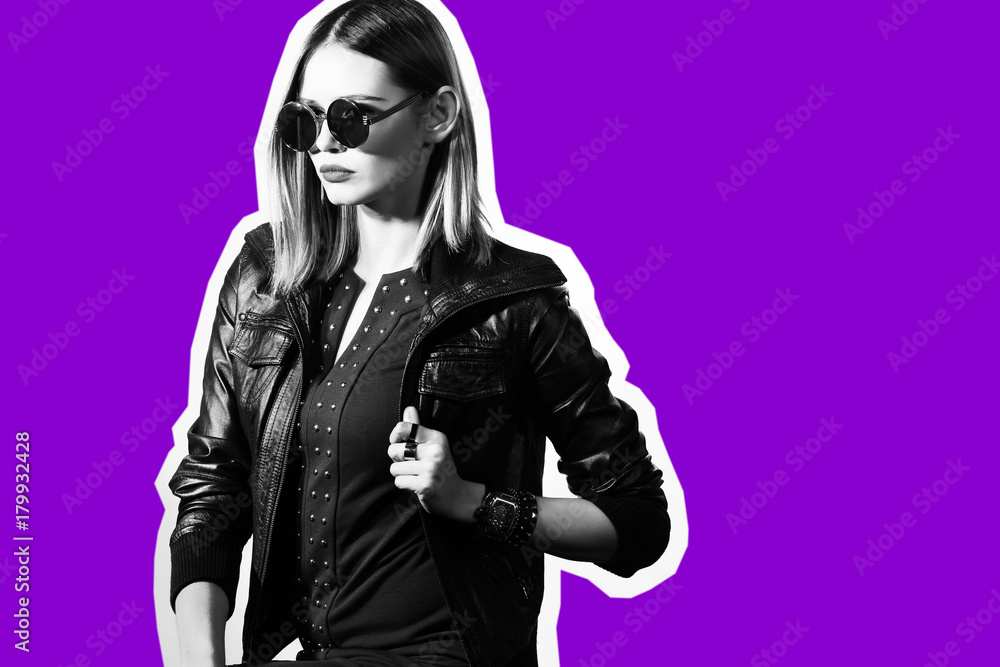 Fashion collage in magazine style of young hipster woman in sunglasses.