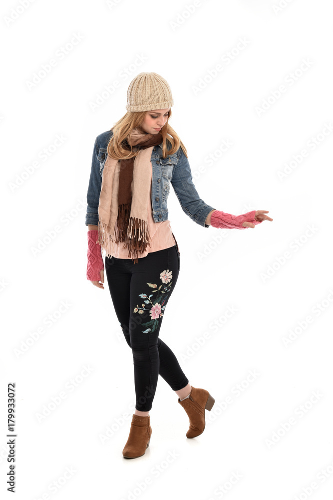 full length portrait of cute girl wearing autumn fashion, standing pose isolated on white background.