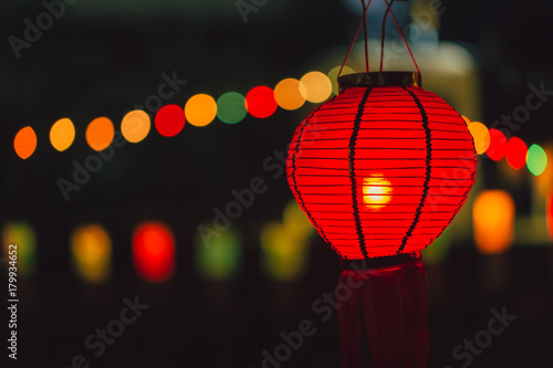 Chinese Paper Lamp Red color hanging at Night photo