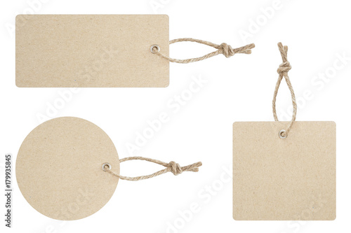 Blank tag tied for hang on product for show price or discount isolate on white background with clipping path