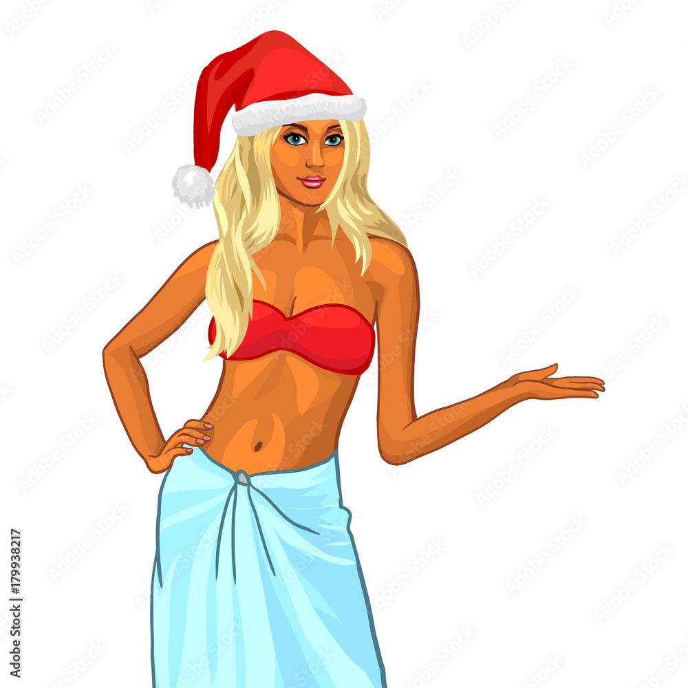 Happy smiling cute woman in santa helper hat with open empty hand palm for copy space. Pretty blonde girl in a red bikini. Christmas xmas season. Happy smiling cute woman in santa helper hat with open empty hand palm for copy space. Pretty blonde girl in a red bikini. Christmas xmas season.