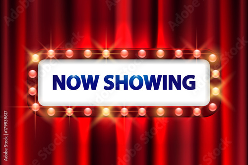 Cinema movie poster design. Theater sign or cinema sign on curtain with spot light frame. vector illustration