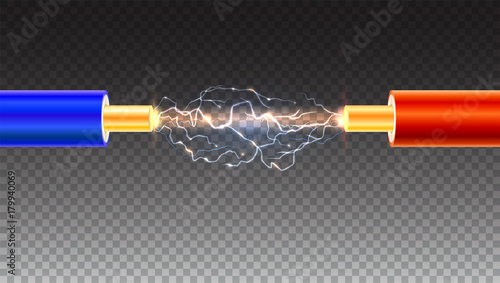 Electric cable with sparks on transparent background. Copper electrical cable in colored insulation and electrical arc between the wires. Backdrop for presentation or advertising.