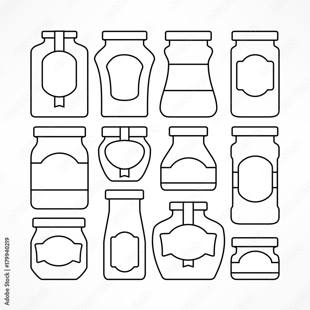 Set of glass jars with labels for canning and preserving Set of glass jars with labels for canning and preserving