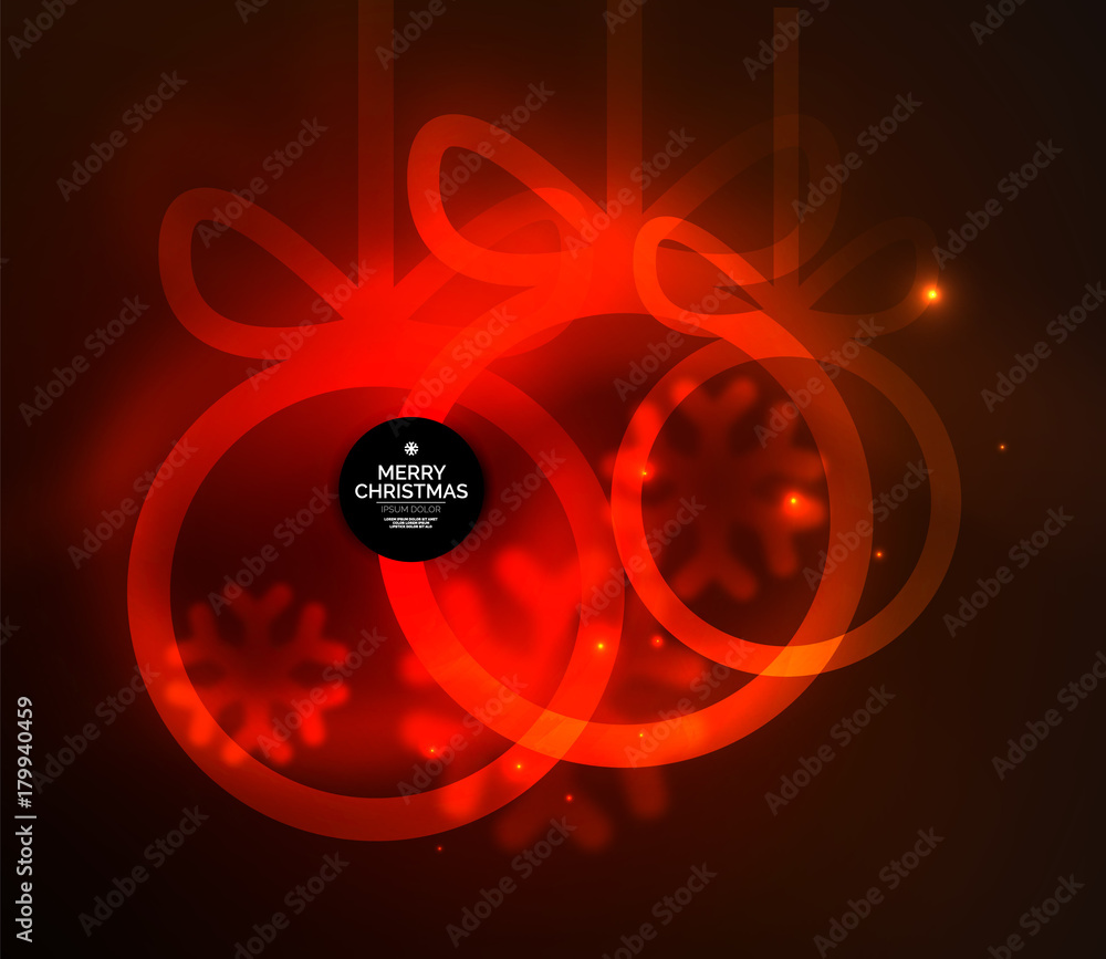 Christmas baubles, vector magic dark background with glowing New Year spheres