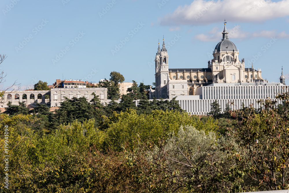 Almudena Cathedral and the Royal Palace of Madrid seen from the other side of the Manzanares River