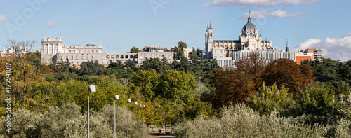 Almudena Cathedral and the Royal Palace of Madrid seen from the other side of the Manzanares River © josevgluis