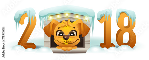 2018 year of yellow dog in Chinese calendar. Cartoon dog in booth looks forward