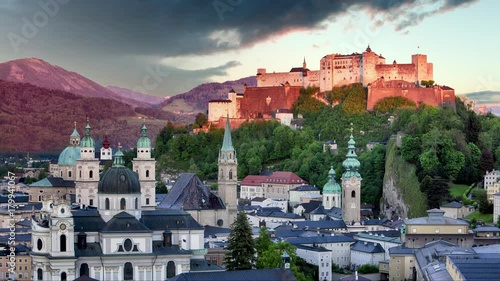 Time lapse of Salzburg castle, Austria at sunset photo