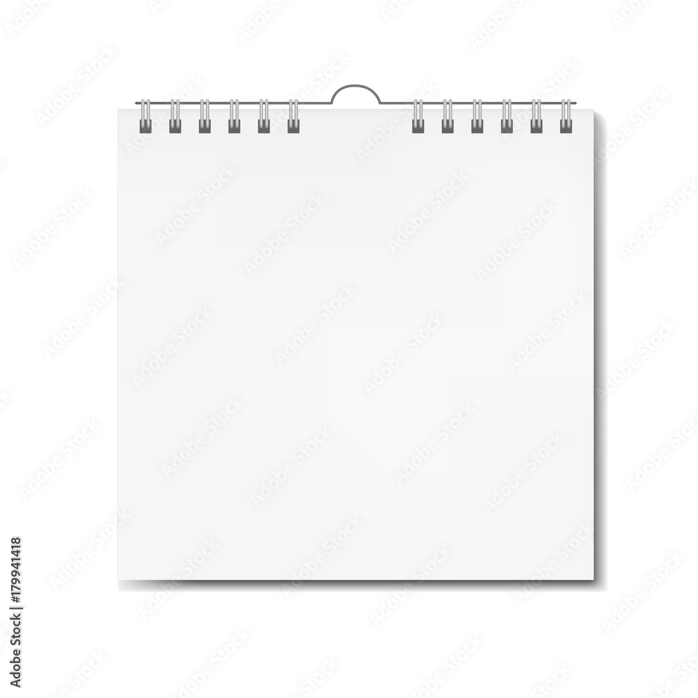 Realistic blank vector square calendar on spiral mockup. Clear wall book of month front view page with shadow, almanac Realistic blank vector square calendar on spiral mockup. Clear wall book of month front view page with shadow, almanac