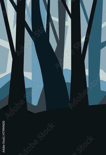 Forest without leaves in the dusk. Misty landscape. Cartoon vertical vector illustration of a night forest in fog.