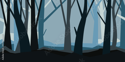 Forest without leaves in the dusk. Misty landscape. Cartoon horisontal vector illustration of a night forest in fog.