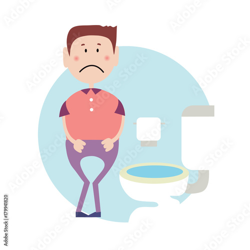 Stressed guy eager to pee stands in front of a toilet. Isolated flat illustration on white backgroud. Cartoon vector image.