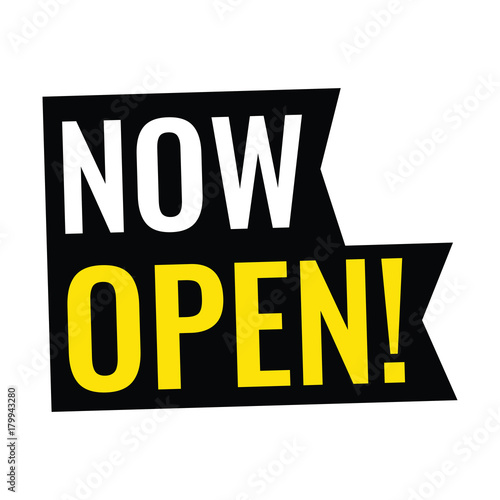 Now open. Vector ribbon icon illustration on white background. 