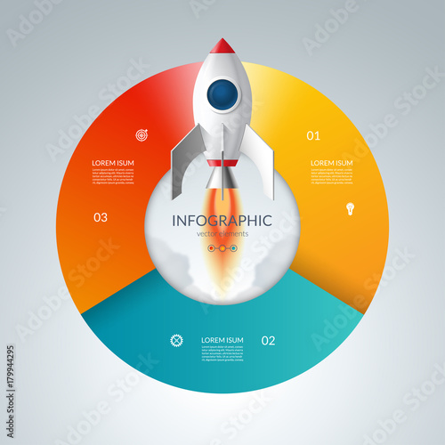 Vector infographic circle with 3 options. Business start up concept with launching rocket. Can be used for graph, cycling diagram, round chart, workflow layout, web design.