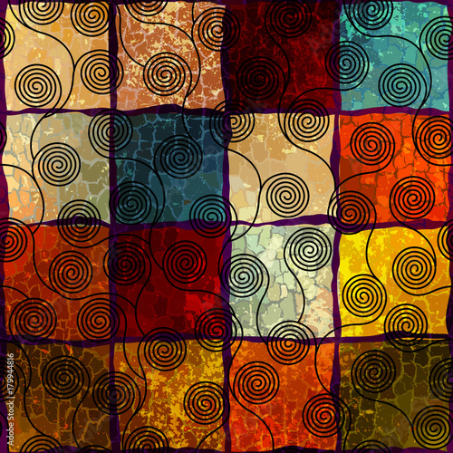 Ethnic boho seamless pattern in african style on grunge background. Tribal art print. Curly patterns.