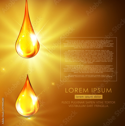 Vector illustration: golden drops of oil, golden serum, falling on a golden background with bright rays. Flyer template, brochure, banner to promote cosmetics, spa, engine oil.