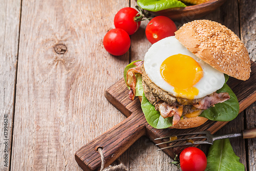 Homemmade Bacon Hamburger with fried Egg photo