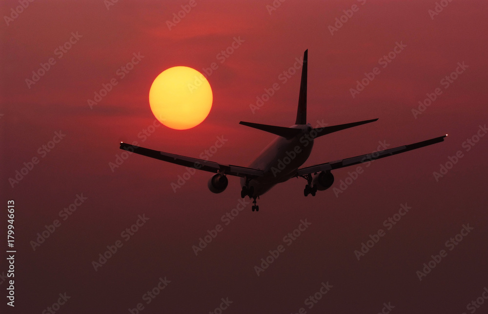Plane, landing, red sunset travel