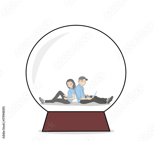 guy and girl are sitting in a bowl with their backs to each other communicating through gadgets. the concept of relations in the network. vector illustration.