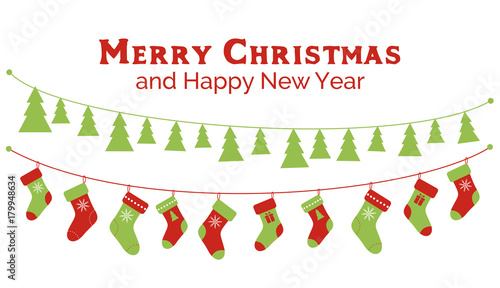 Christmas stockings and christmas tree garlands. Banner, greeting card