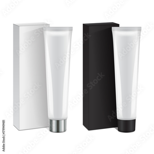 Set of vector plastic tube with cap and box for medicine or cosmetics - cream, gel, skin care, toothpaste. Packaging mockup template