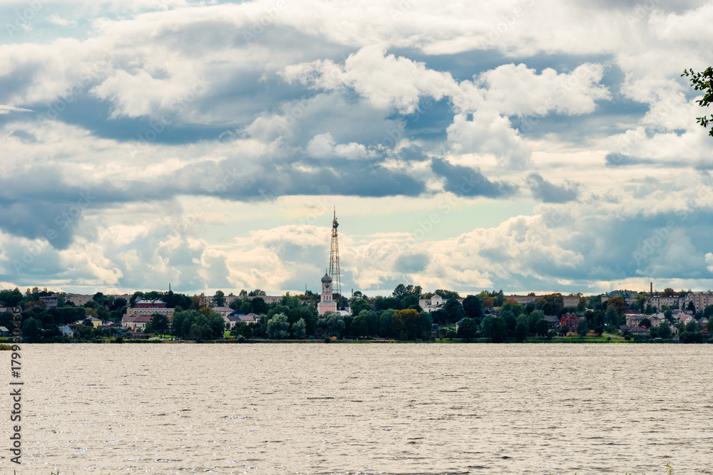 Lake Valday on a rainy day. View of the city of Valdai