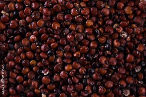 Red, black and white quinoa seeds on a wooden background