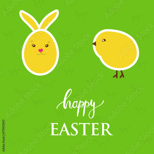 Vector easter card with  egg, rabbit, chick on green grass background © Maria Cherevan