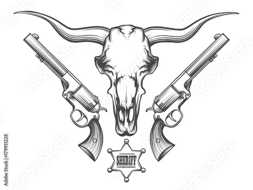 Bull skull with revolvers drawn in engraving style