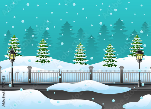 Winter forest landscape with fir tree and snow on the street