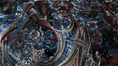 3d fractal of future city. Development of civilization in galaxy spiral galaxy. High-tech settlement on space cosmos orbit. Energy of metal concept.