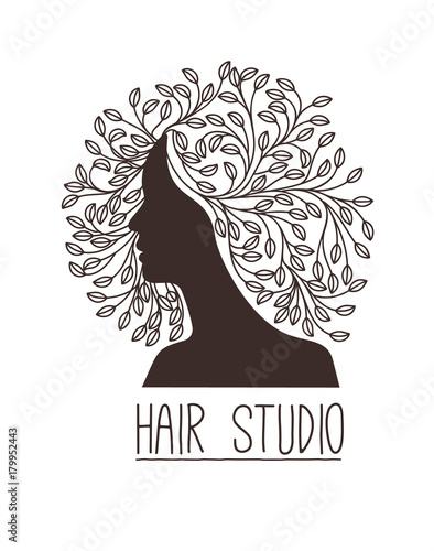 Hair studio logo or sign, woman with branches as hair, eps10 vector