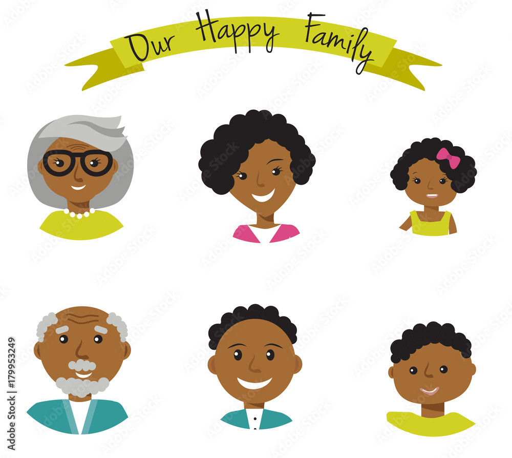 Happy African American family faces portraits of six members parents ...