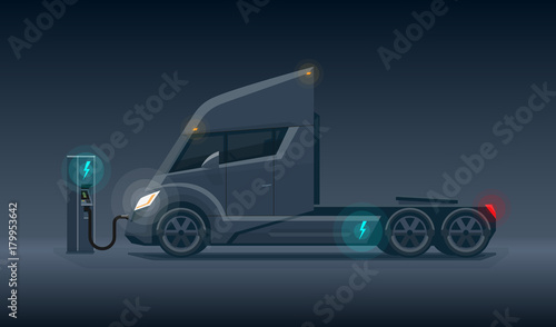 Dark Modern Futuristic Electric Semi Truck Charging at Charger Station